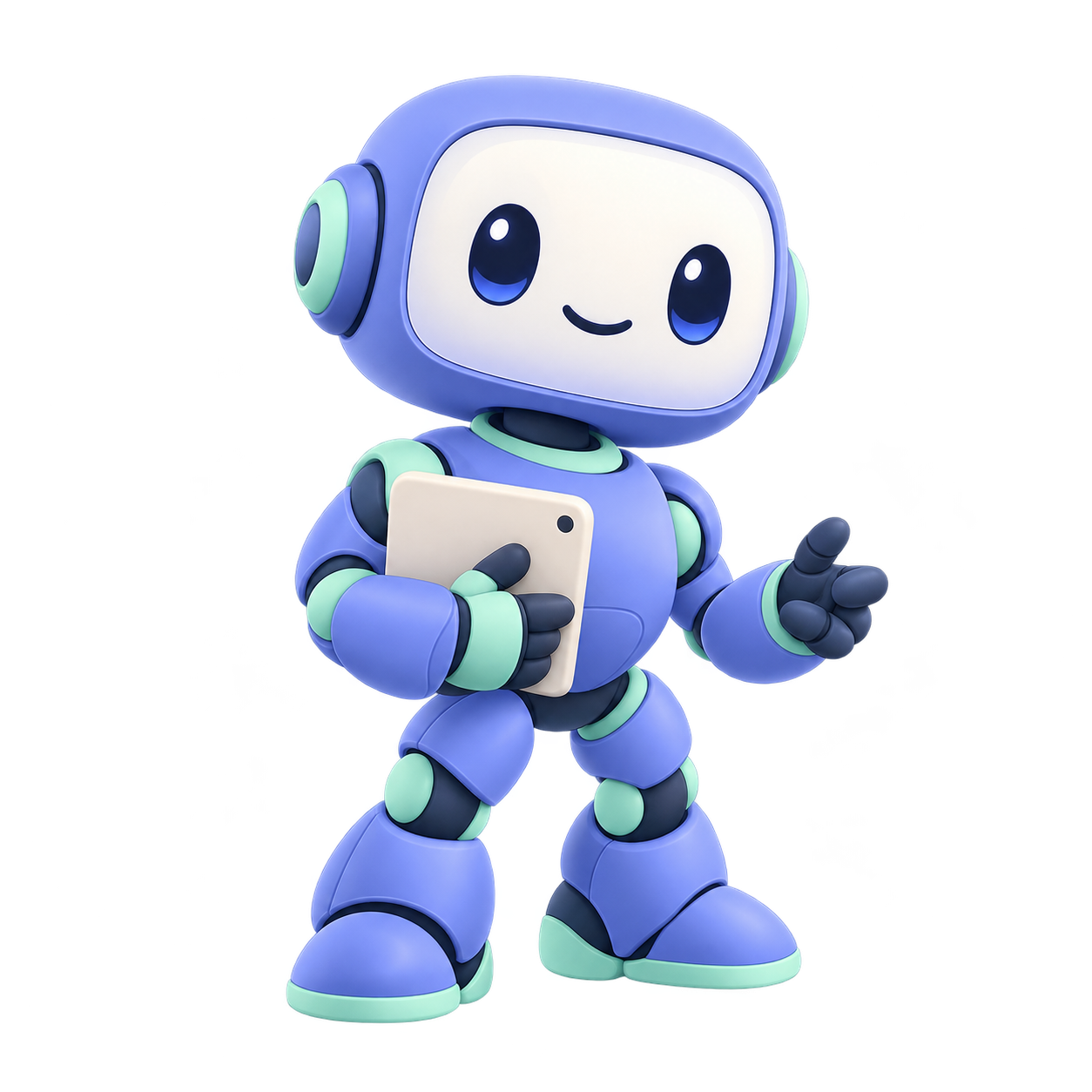 Lumo, le petit robot bleu et menthe, vous accueille avec sa tablette